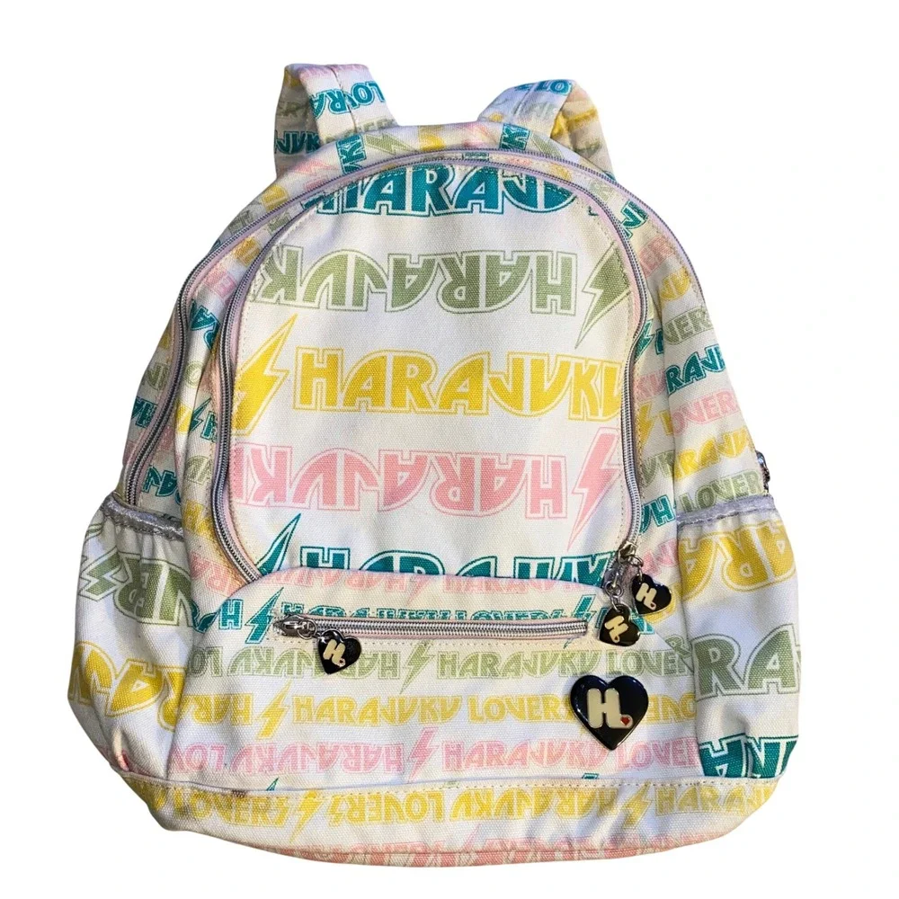 Vintage Y2K Harajuku Lovers Logo Mini Backpack Gwen Stefani Canvas Heart Charms